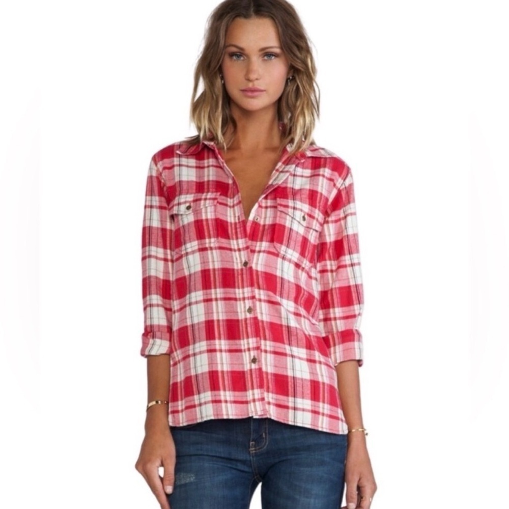 Current Elliott The Perfect Plaid Shirt 0 XS Omaha Red Flannel Western Fall Chic